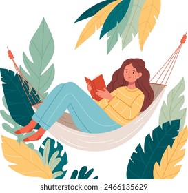 Cute smiling young woman lies on hammock and reading a book. Young woman reading book, lying with cat outdoors on summer holiday. Cozy calm rest, relaxation. Flat vector illustration isolated on white