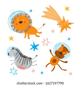 Cute smiling zebra, lion, leopard fly in open space.  African animals in sky. Cosmos background. Stars and comet. Funny cartoon children illustration. Vector hand drawn clipart. Kids print.
