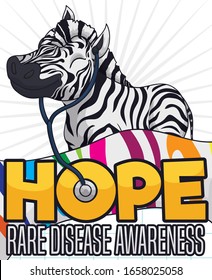 Cute smiling zebra with stethoscope and "hope" sign over colorful striped ribbon like symbol for awareness, research and new treatments of Rare Diseases.