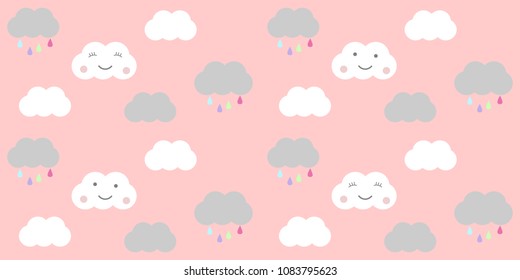 Cute smilling clouds and rain on pastel pink colored sky background, seamless geometric repetition.