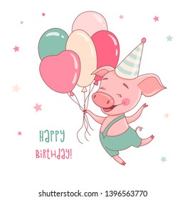 Cute smilling piggy is flying on balloons. Excellent vector illustration for greeting card design, poster and print.