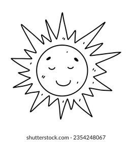 Cute smilling Sun. Hand drawn doodle style. Vector illustration isolated on white. Coloring page.