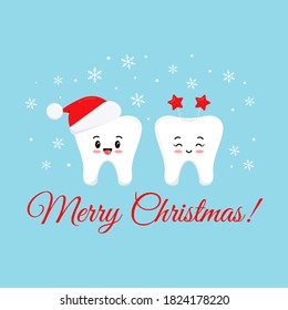 Cute smilling teeth with christmas costume on dentist greeting card.  White winter tooth emoji in santa hat with star Merry Christmas photo props. Flat design cartoon style xmas vector illustration.