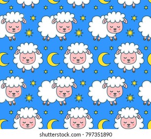 Cute smilng funny sleeping sweet dreams sheep seamless pattern. Vector flat line cartoon character illustration icon design. Sheep pattern concept