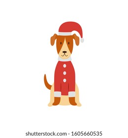 A cute Smooth Fox Terrier is standing in a Christmas red costume, hat and cap. Concept of holiday, merry christmas and new year. Isolated flat cartoon vector illustration of dog and Fox Terrier pet.