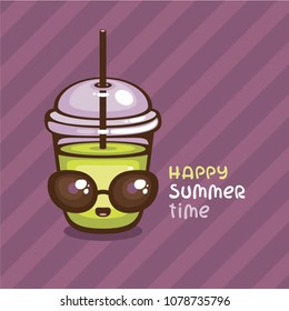 Cute smoothie with sunglasses vector illustration. Fresh summer drink. Comic cartoon character. Template for logo, line drink icon.