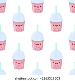 Cute Smoothies with raspberries seamless pattern. Vector illustration. Food icon concept. Flat cartoon style.	
