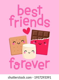 Cute s'more cartoon with friendship quotes "Best friends forever" for greeting card, postcard, poster or banner. Friendship concept illustration.