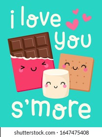 Cute s'more cartoon with pun quotes "I love you s'more" for valentine's day card design.