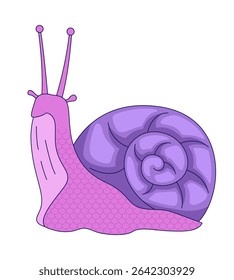 Personagem de caracol 2D bonito. Molusco gastrópode espiral com olhos de antena. Mollusca descascou mascote. Escória capuz whimsical vetor plana animal de fantasia isolado no branco. Ilustração especial colorida