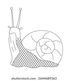 Caractere de linha 2D de caracol bonito. Molusco gastrópode espiral com olhos de antena. Mollusca descascou mascote. Concha de lesma caprichosa isolada vetor tinta delinear animal de fantasia. Ilustração de ponto monocromático