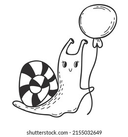 Cute snail with balloon. Linear hand drawn doodle. Funny mollusk-snail. Vector illustration
