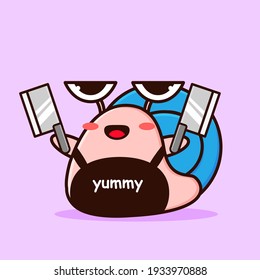 cute snail become a chef carrying two knives, snail chef cute illustration vector design for mascot logo