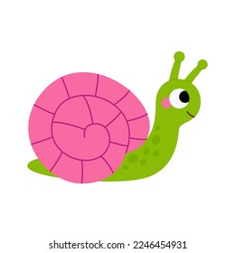 Cute snail with big eyes and cheeks. Forest or garden insect, bug for children. Funny childish characters. Nature animal for prints, clothes, stickers, textile, baby shower. Cartoon vector