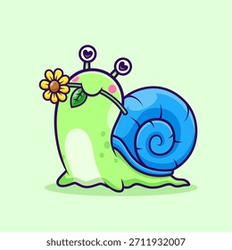 Lindos Snail Bite Flower Cartoon Vetor Ilustração Ícone. Animal Nature Icon Concept Vetor Premium Isolado. Estilo de Desenho Animado Plano