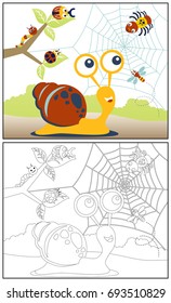 Cute snail with bugs, vector cartoon illustration, coloring book or page