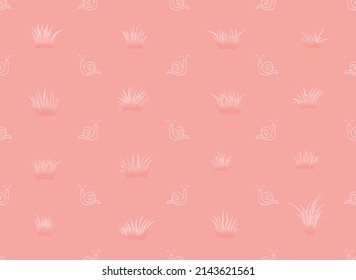 Cute snail and bushes of grass on pale pink background, vector seamless pattern. Hand drawn line drawing. Wallpaper for a children's room, textiles, covers, paper packaging, children's clothing