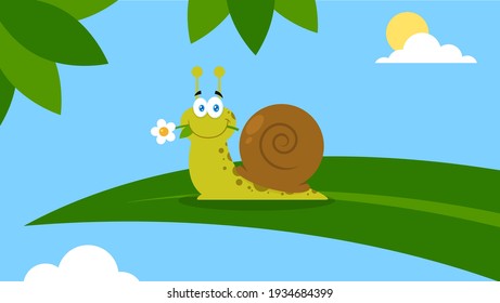 Cute Snail Cartoon Character With A Flower On A Leaf. Vector Illustration Flat Design With Garden Background