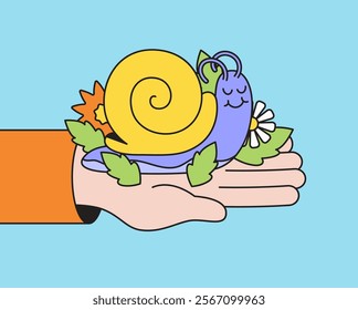 Cute snail cartoon character resting comfortably in a hand surrounded by flowers and leaves hand drawn illustration