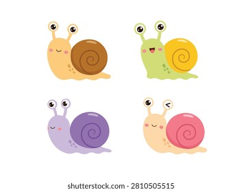Cute snail cartoon character set with colorful shells vector illustration