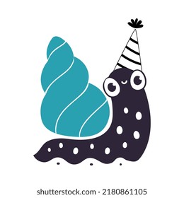 Carácter de caracol lindo con caparazón de costra con vectores de sombrero de cono de cumpleaños