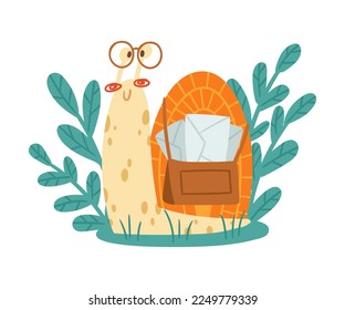 Cute Snail Character with Coiled Shell Carrying Letters in Bag Crawling Vector Illustration