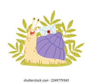 Cute Snail Character with Coiled Shell Carrying Letter Envelope on Its Back Crawling on the Grass Vector Illustration