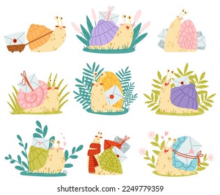 Cute Snail Character with Coiled Shell Carrying Envelope on Its Back Vector Set