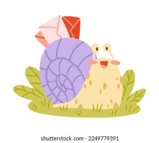 Cute Snail Character with Coiled Shell Carrying Letter Envelope on Its Back Crawling on the Grass Vector Illustration