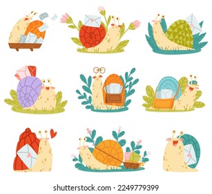 Cute Snail Character with Coiled Shell Carrying Envelope on Its Back Vector Set