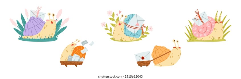 Cute Snail Character with Coiled Shell Carrying Envelope on Its Back Vector Set