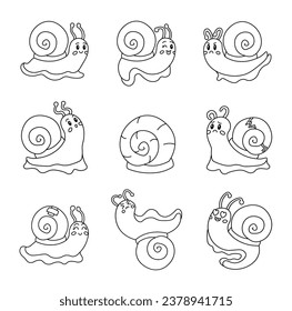 Cute snail character. Coloring Page. Kawaii insect different poses and emotions, love, joy, sadness, anger. Vector drawing. Collection of design elements.