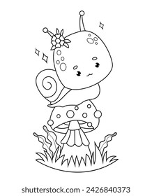 Caracol lindo. Un insecto cómico en un hongo. Dibujo de líneas, libro de colorear. Colección Kids. Ilustración de vector