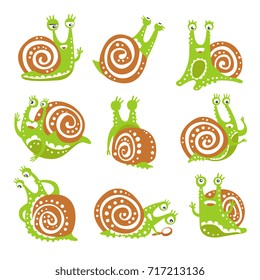 Cute snail character set, funny mollusk with different emotions colorful hand drawn vector Illustrations