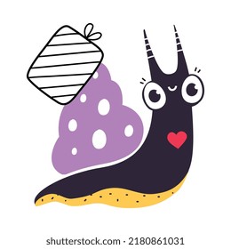 Cute Snail Character with Shell Carrying Gift Box on Its Back Vector Illustration