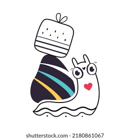 Cute Snail Character with Shell Carry Gift Box on its Back Vector Illustration