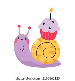 Cute Snail Character with Shell Carrying Cupcake with Candle on Its Back Vector Illustration