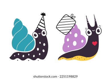 Cute Snail Character with Shell Carrying Gift Box on Its Back Vector Set