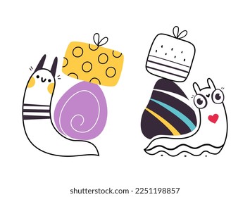 Cute Snail Character with Shell Carrying Gift Box on Its Back Vector Set