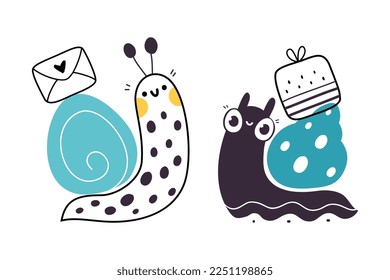 Cute Snail Character with Shell Carrying Envelope and Gift Box on Its Back Vector Set