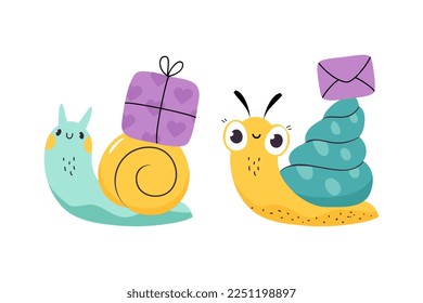 Cute Snail Character with Shell Carrying Envelope and Gift Box on Its Back Vector Set
