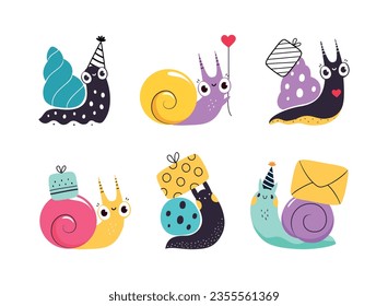 Cute Snail Character with Shell Carrying Gift Box and Envelope on Its Back Vector Set