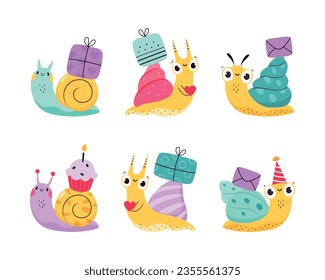 Cute Snail Character with Shell Carrying Gift Box and Cupcake on Its Back Vector Set