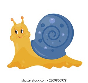 Cute snail character. Symbol of slowness, charming and charming insect with blue house on its body. Biology and nature. Graphic element for website, label for kids. Cartoon flat vector illustration