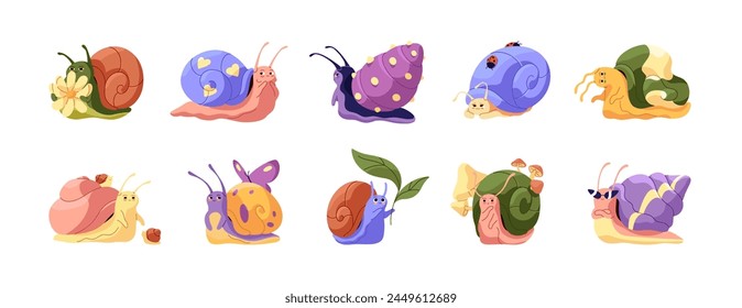 Cute snail characters set. Different slugs with patterned coiled shells. Snailfishes with various emotions, facial expression. Happy, sad, angry gastropods. Flat isolated vector illustration on white