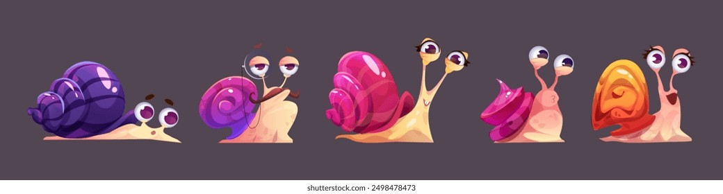 Cute snail characters set isolated on background. Vector cartoon illustration of slug emoji tired, with moustache, crazy smiling, whistling, girl with lips, mail delivery service mascots collection