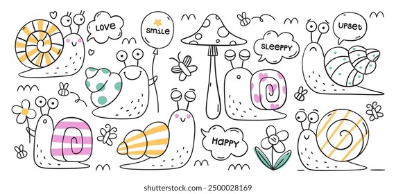 Cute snail characters with spiral shell house on back drawing set in hand drawn doodle line art style. Funny happy escargot wildlife escargot contour outline doodle print vector illustration