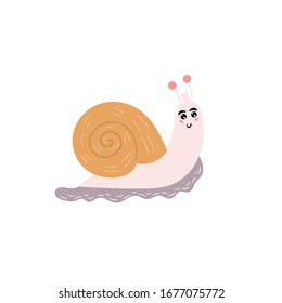 Cute snail. A cheerful snail is smiling. Children's animal character. Vector editable illustration