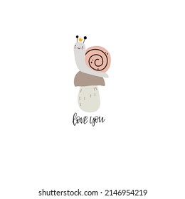 Cute snail. Children's vector cartoon illustration and handwritten lettering Love you.