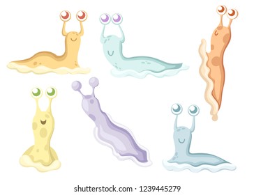 Cute snail collection. Big colorful snail without shell. Forest animal. Cartoon character design. Flat vector illustration isolated on white background.